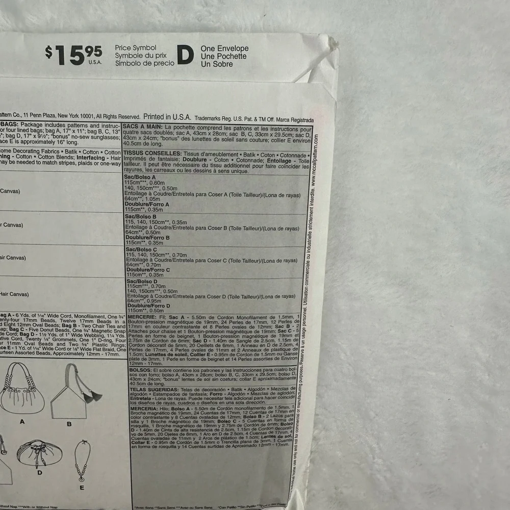 McCall's M5340 Fashion Accessories Sewing Pattern OSZ Multi Handbags‎ Necklace